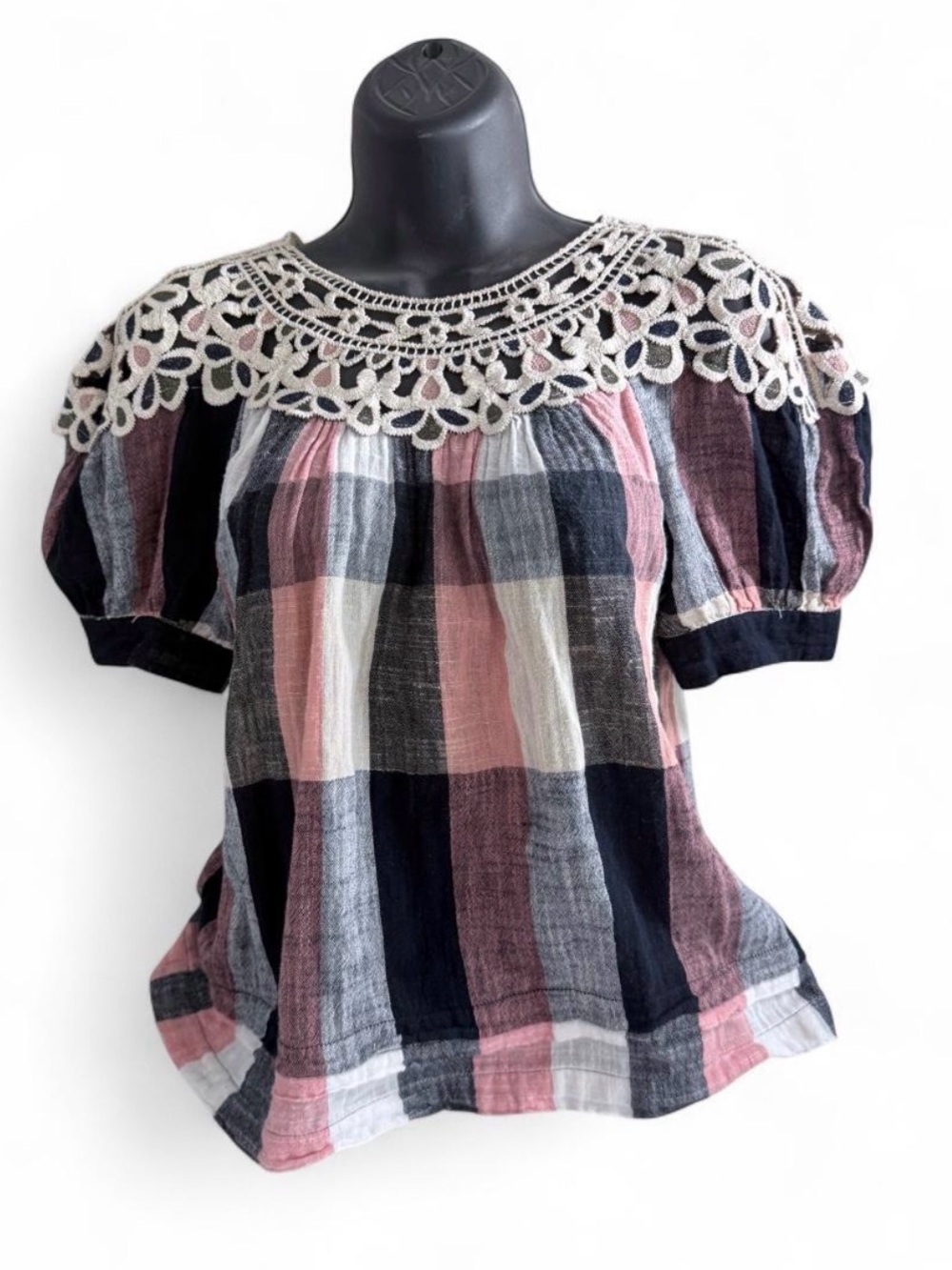 Anthropologie Crochet Yoke Plaid Puff Sleeve Blouse - Pink, Black & Cream